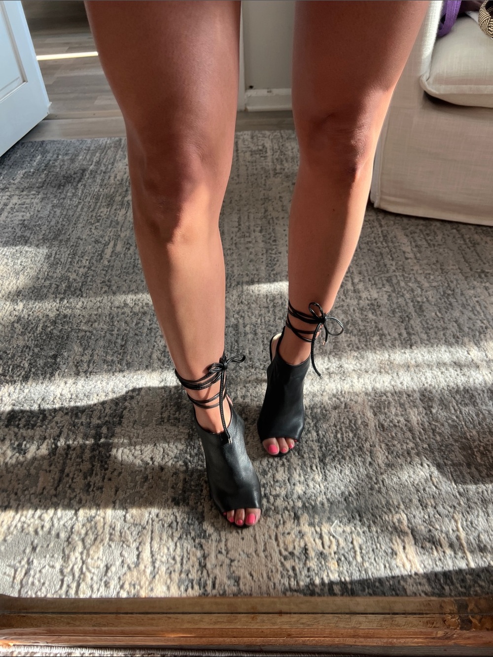 Top Shop Black Leather Lace-Up Peep Toe Wrap Sandal Heel - Picture 2 of 10